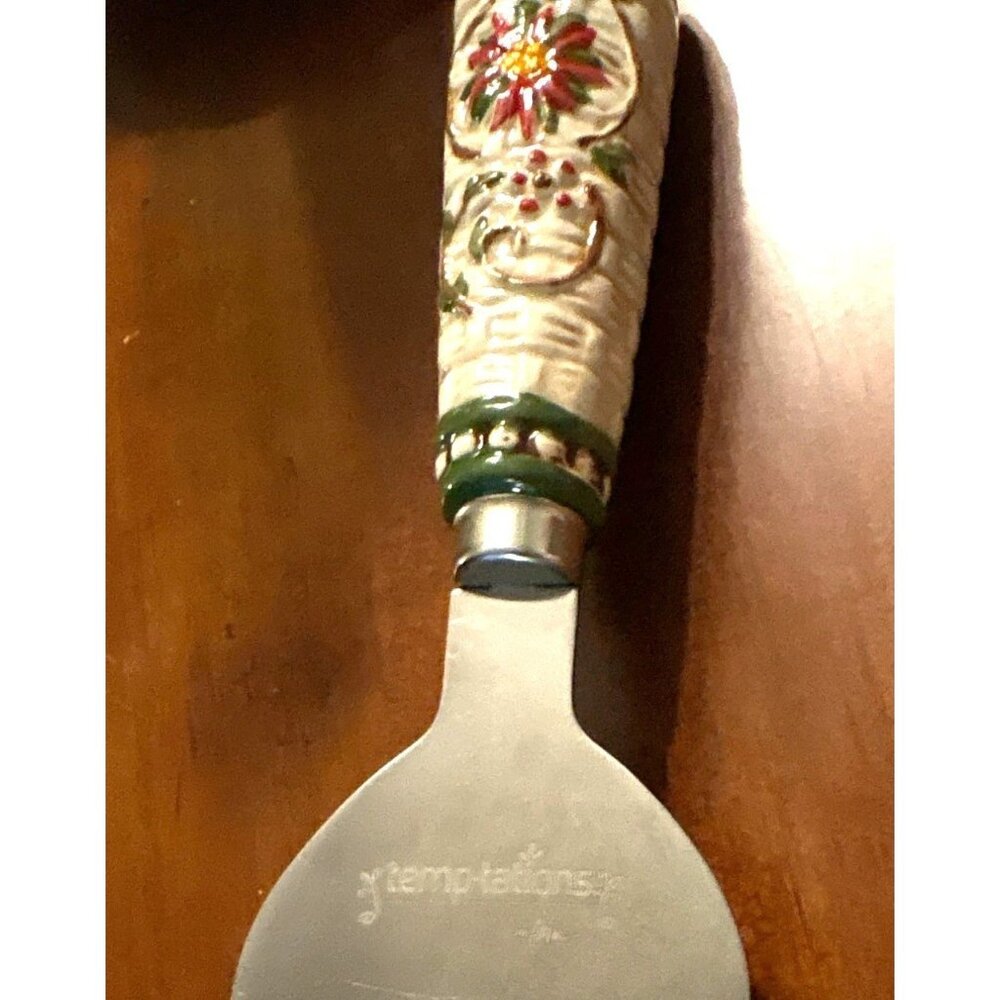 Temp-tations By Tara Poinsettia Porcelain Cake Server Stainless Steel Blade 10" - Picture 3 of 5